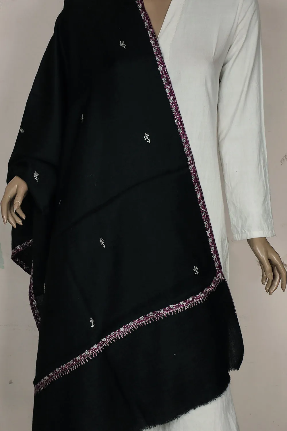 Pitch Black Kashmir Embroidered Woolen Stole