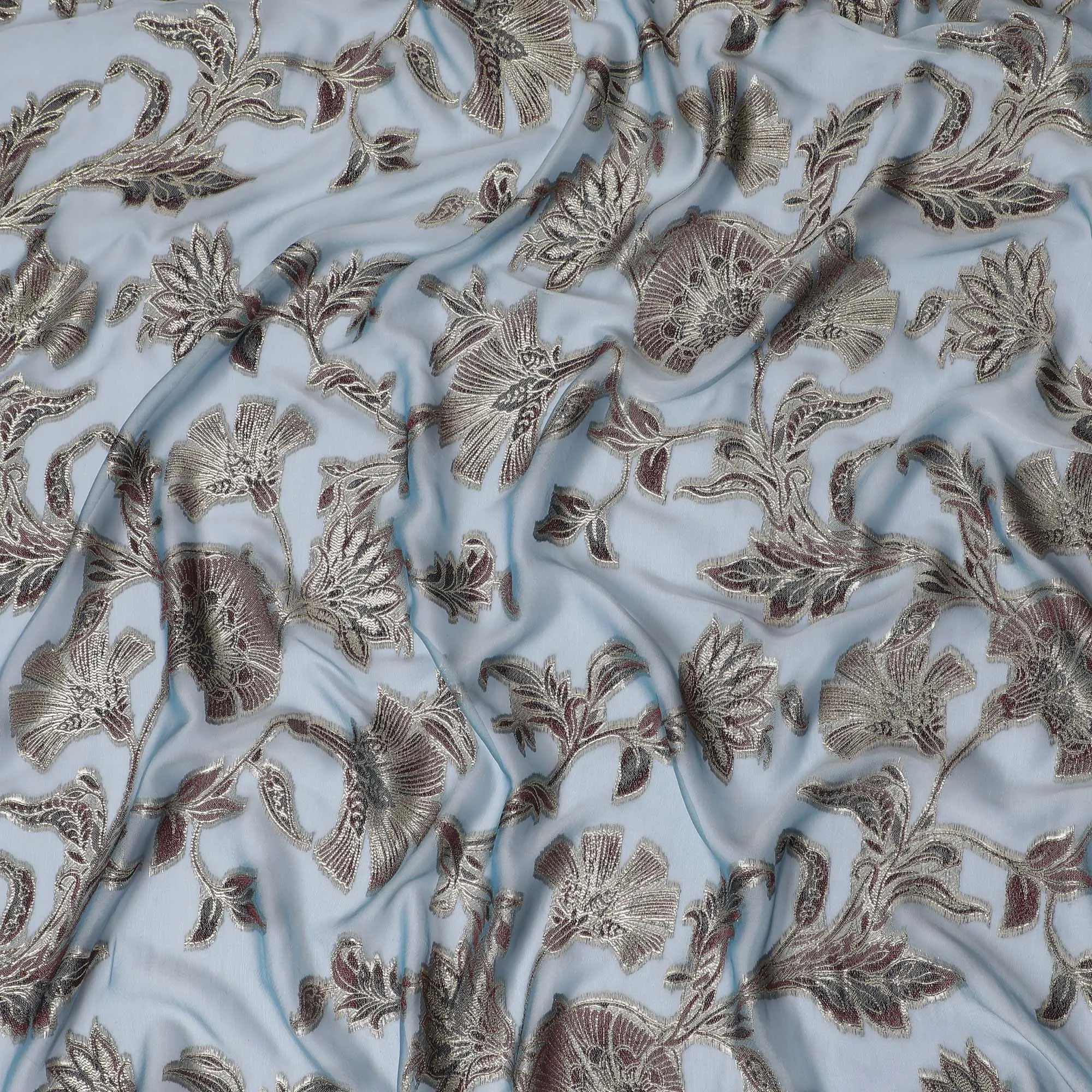 Powder Blue Silk Chiffon (Fransawi) Fabric with Metallic Lurex Floral Design, 110 cm Width-D19731