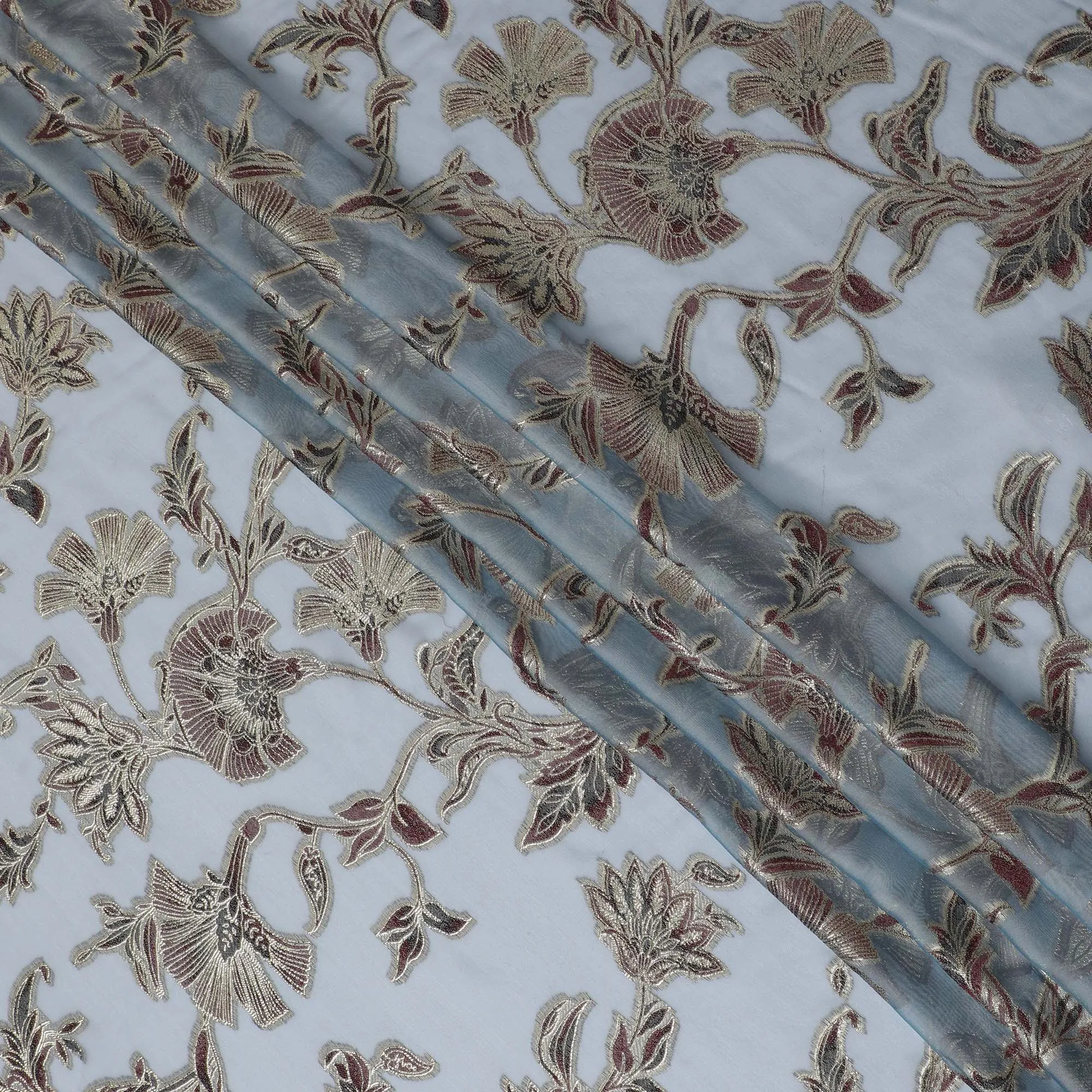 Powder Blue Silk Chiffon (Fransawi) Fabric with Metallic Lurex Floral Design, 110 cm Width-D19731
