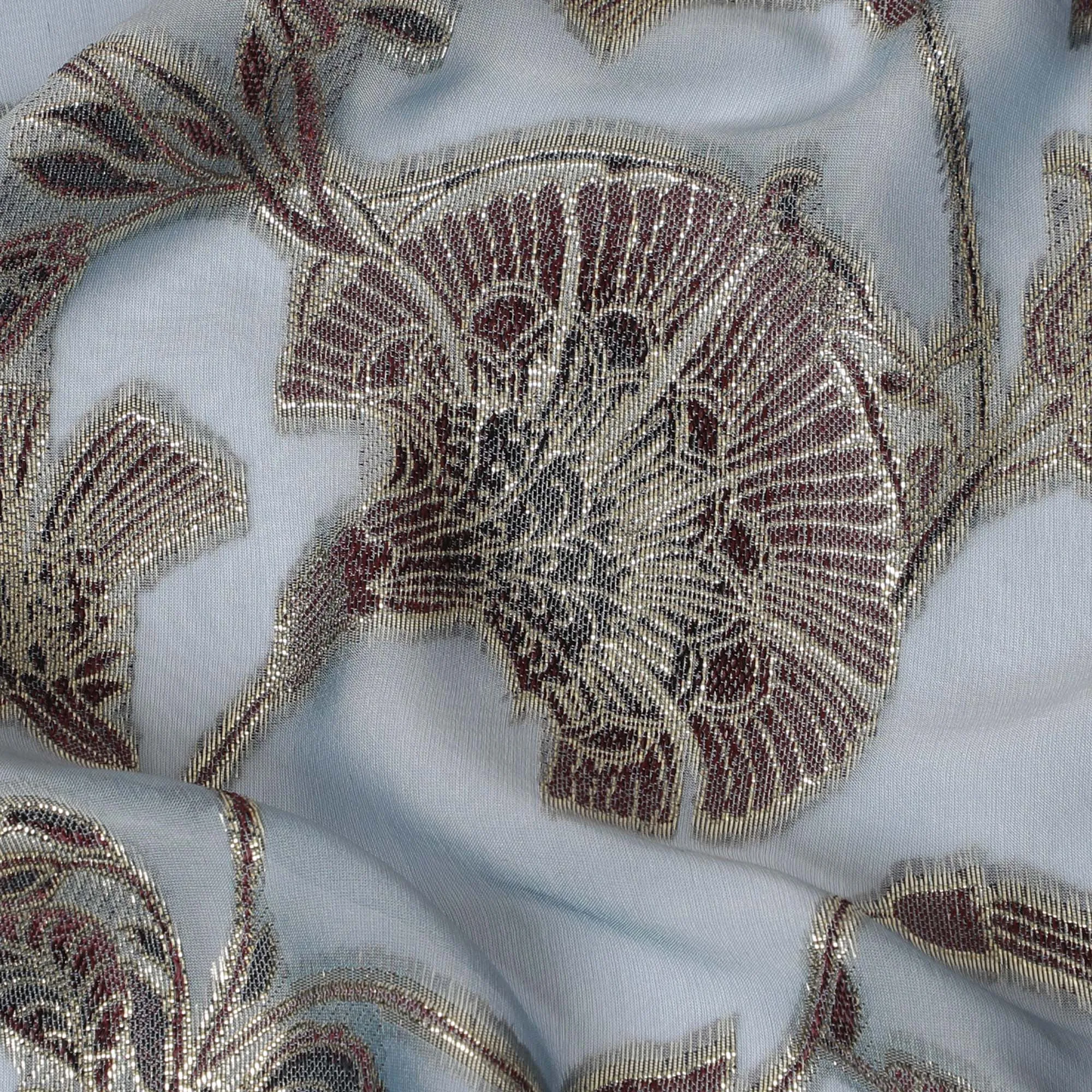 Powder Blue Silk Chiffon (Fransawi) Fabric with Metallic Lurex Floral Design, 110 cm Width-D19731
