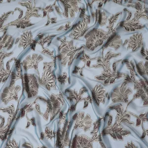 Powder Blue Silk Chiffon (Fransawi) Fabric with Metallic Lurex Floral Design, 110 cm Width-D19731