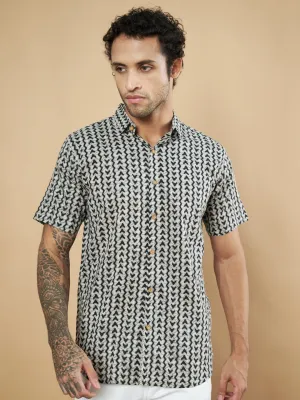 Pure Cotton Black and White Geometric Half Sleeves Shirt for Men