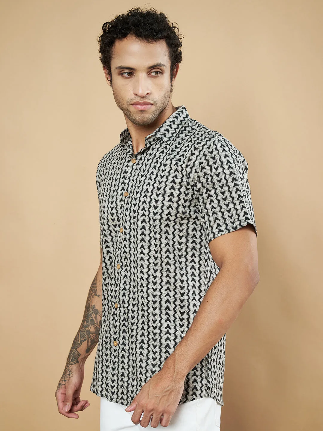 Pure Cotton Black and White Geometric Half Sleeves Shirt for Men