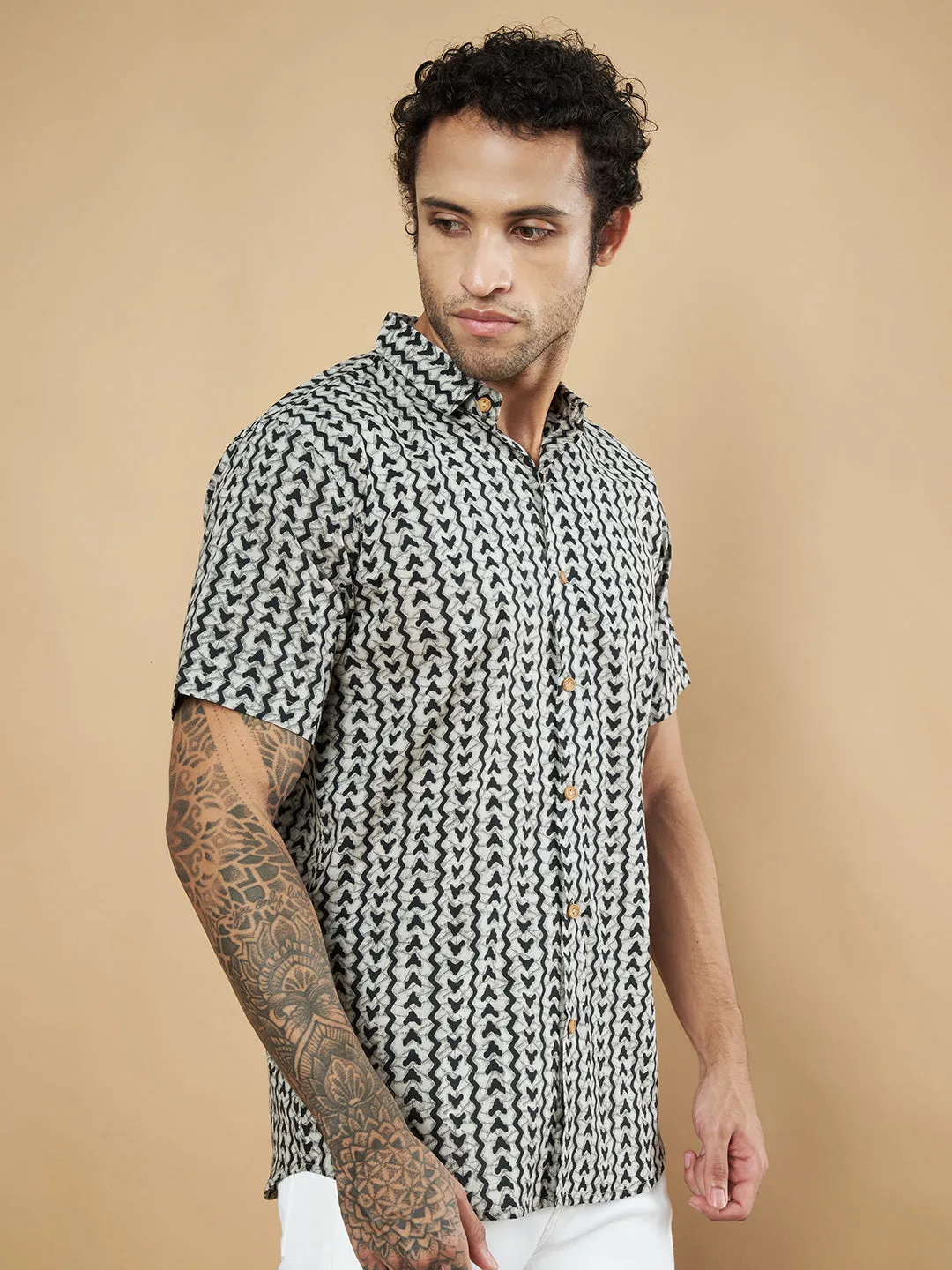 Pure Cotton Black and White Geometric Half Sleeves Shirt for Men