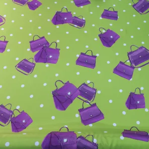 Purple Purses on Avocado Green Ground Printed Silk Charmeuse