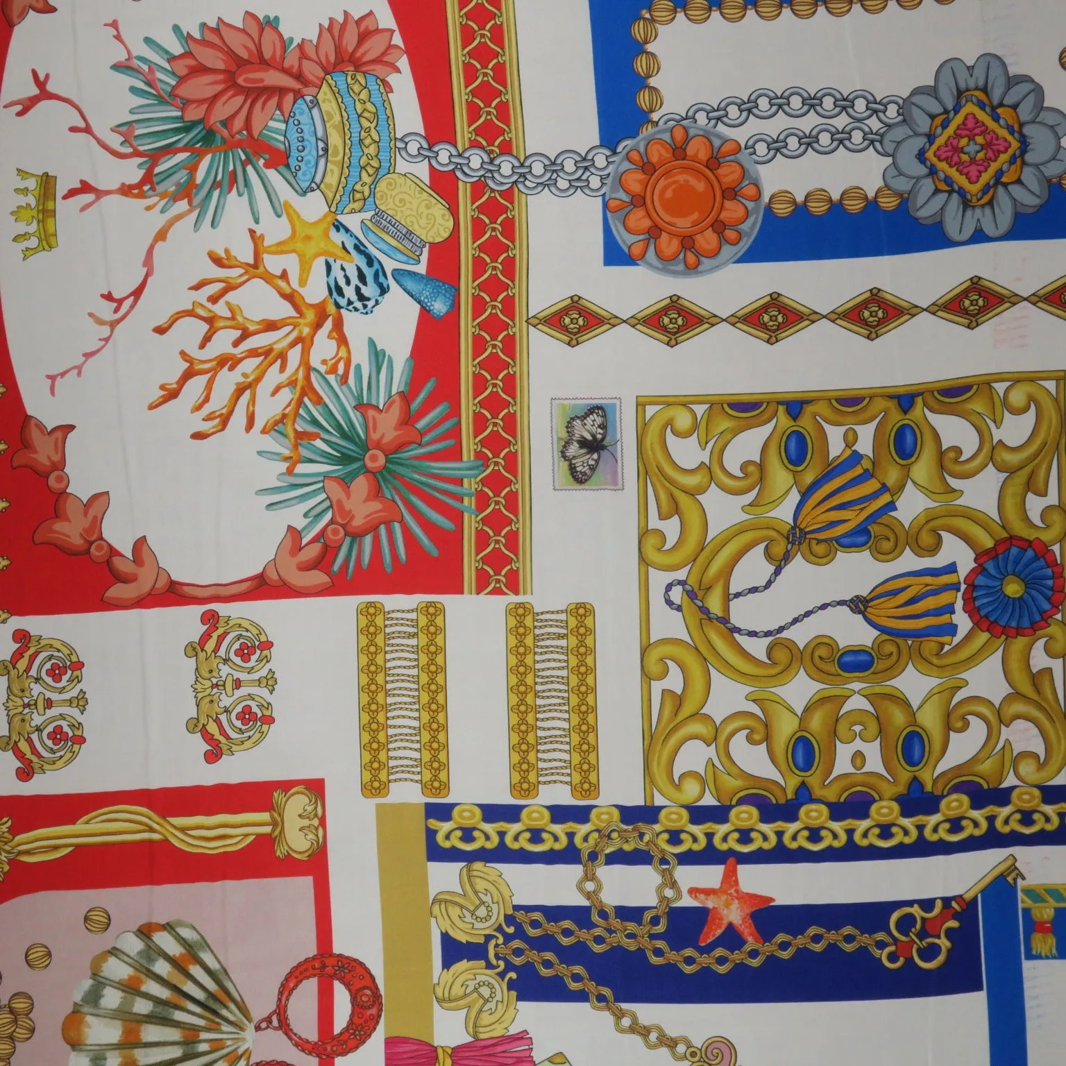 Red, Blue and Gold Floral Abstract Printed Silk Charmeuse Fabric