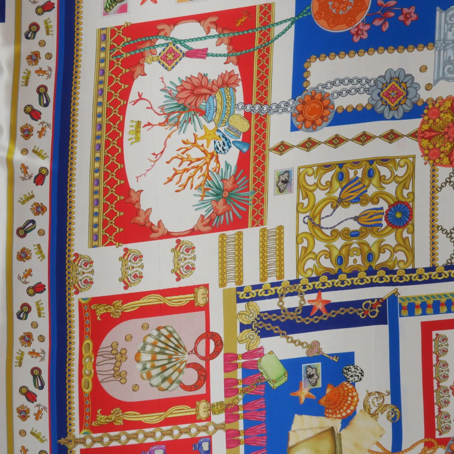 Red, Blue and Gold Floral Abstract Printed Silk Charmeuse Fabric