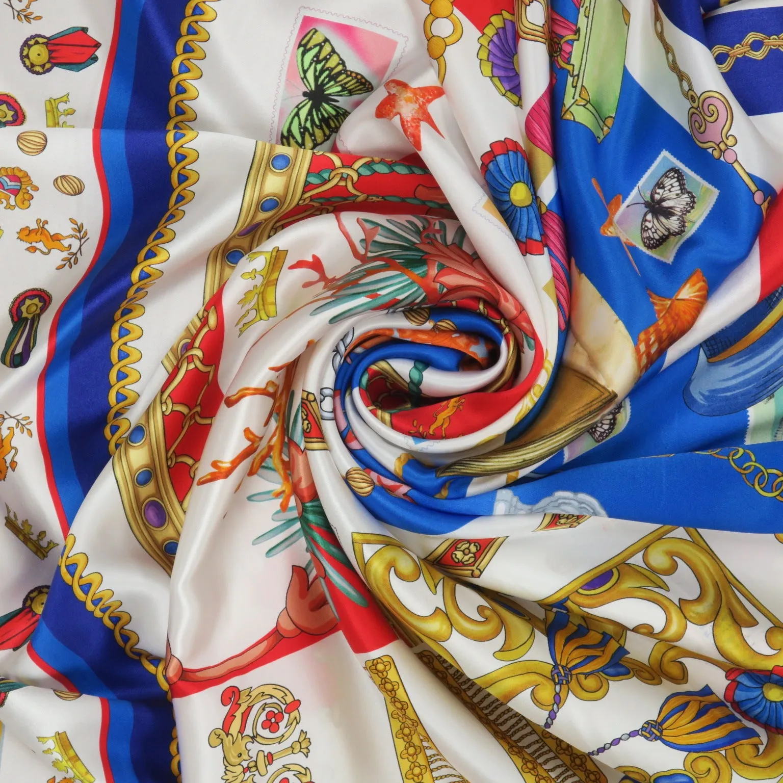 Red, Blue and Gold Floral Abstract Printed Silk Charmeuse Fabric