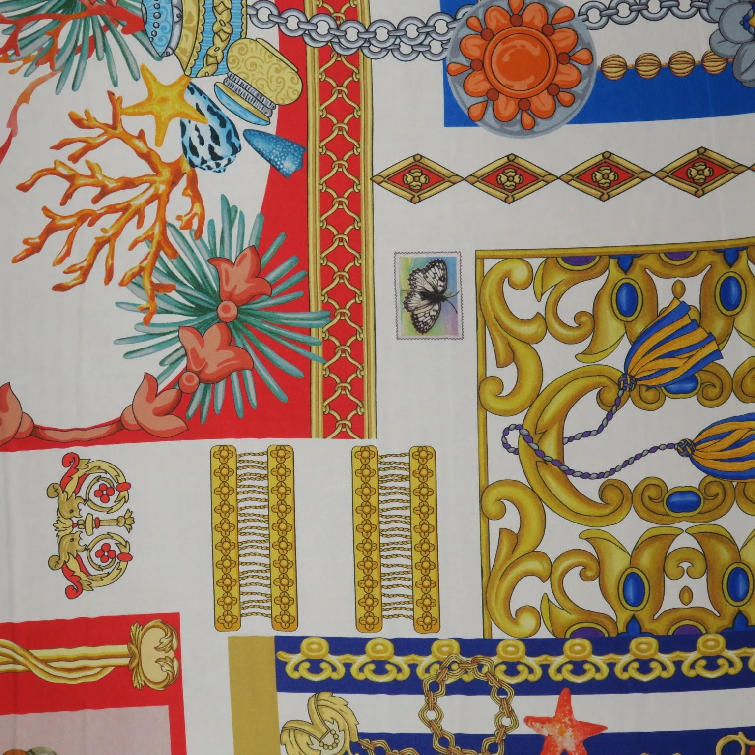 Red, Blue and Gold Floral Abstract Printed Silk Charmeuse Fabric