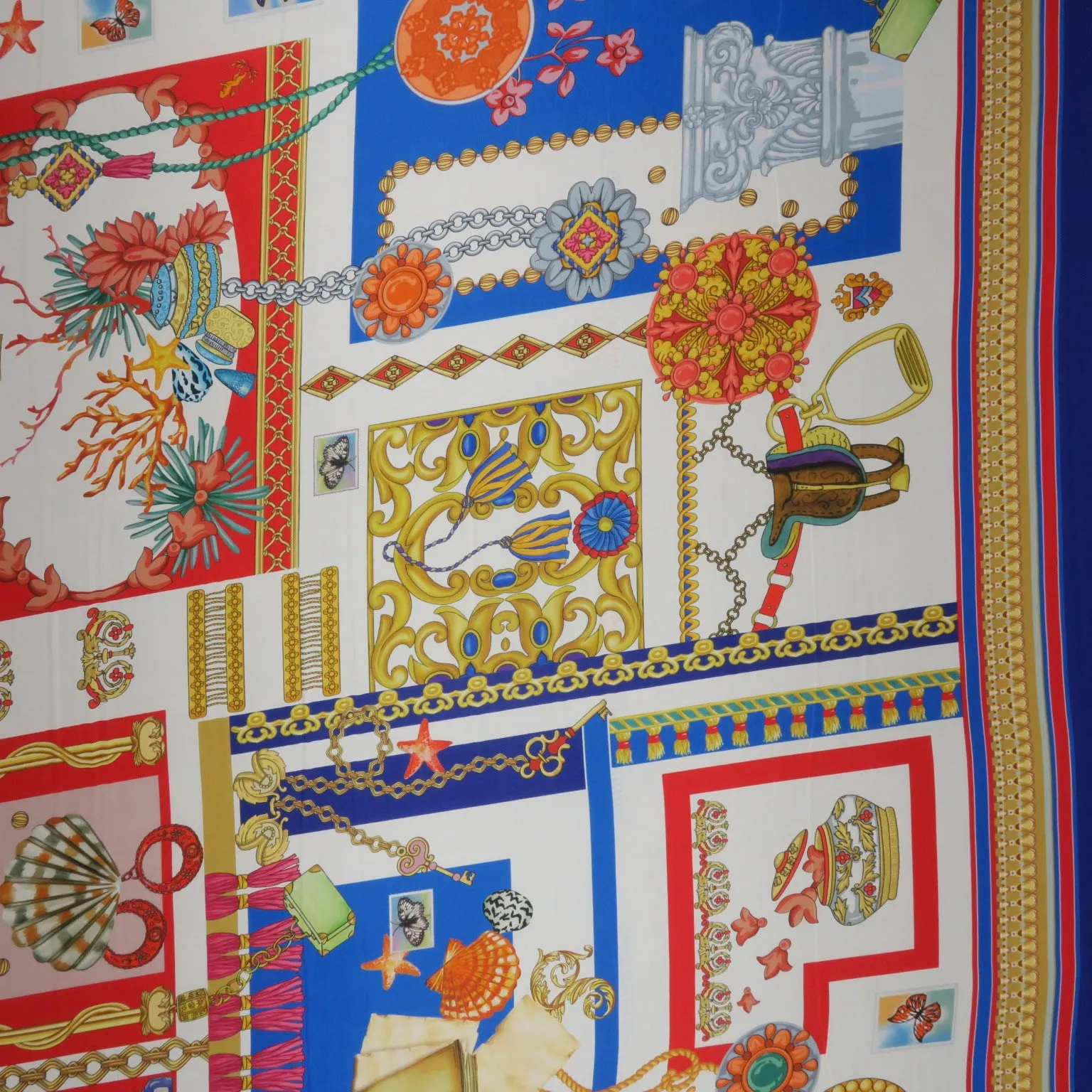 Red, Blue and Gold Floral Abstract Printed Silk Charmeuse Fabric