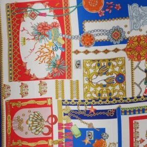 Red, Blue and Gold Floral Abstract Printed Silk Charmeuse Fabric