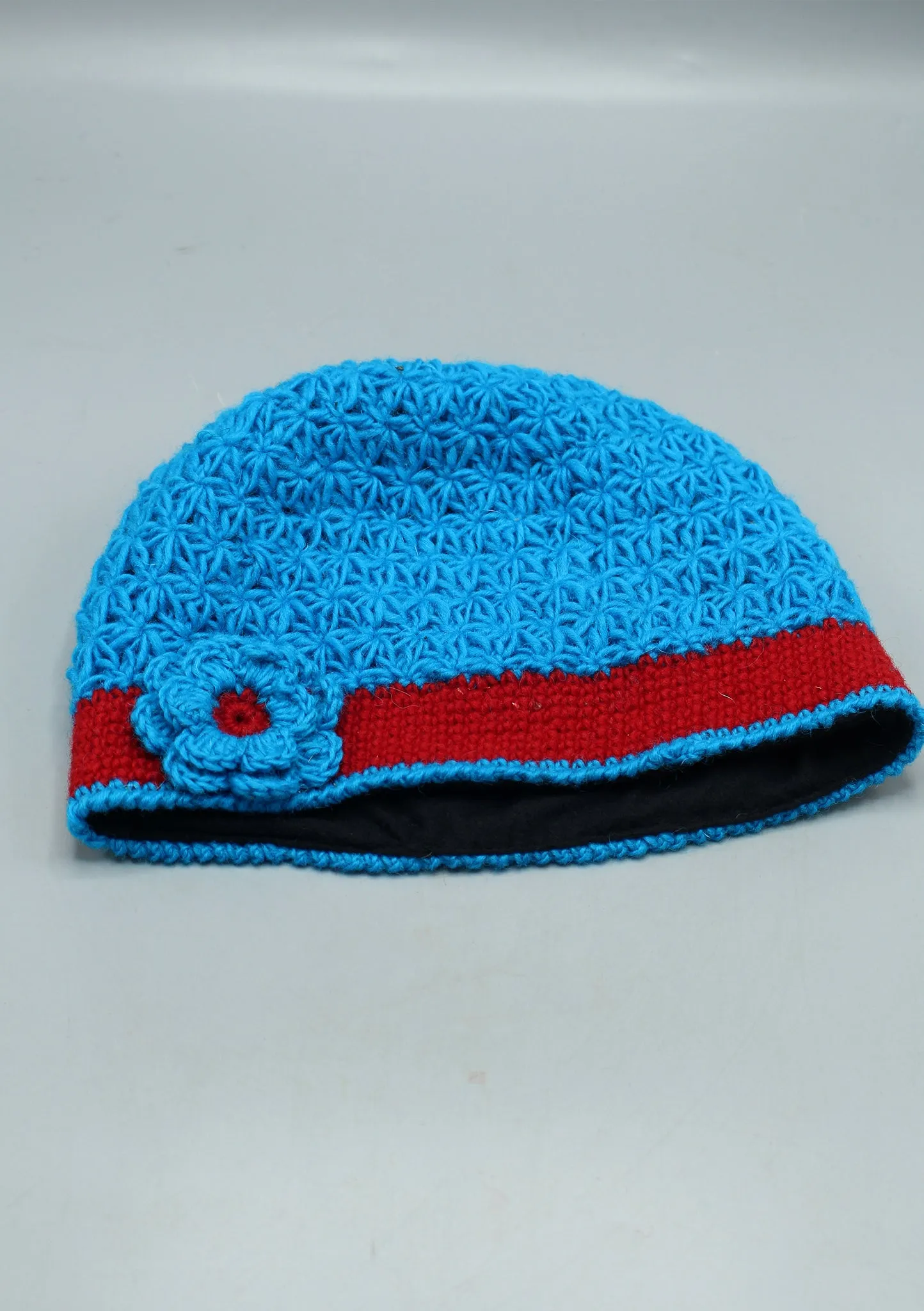 Red Border Flower Attached Blue Warm & Soft Crocheted Woolen Beanie