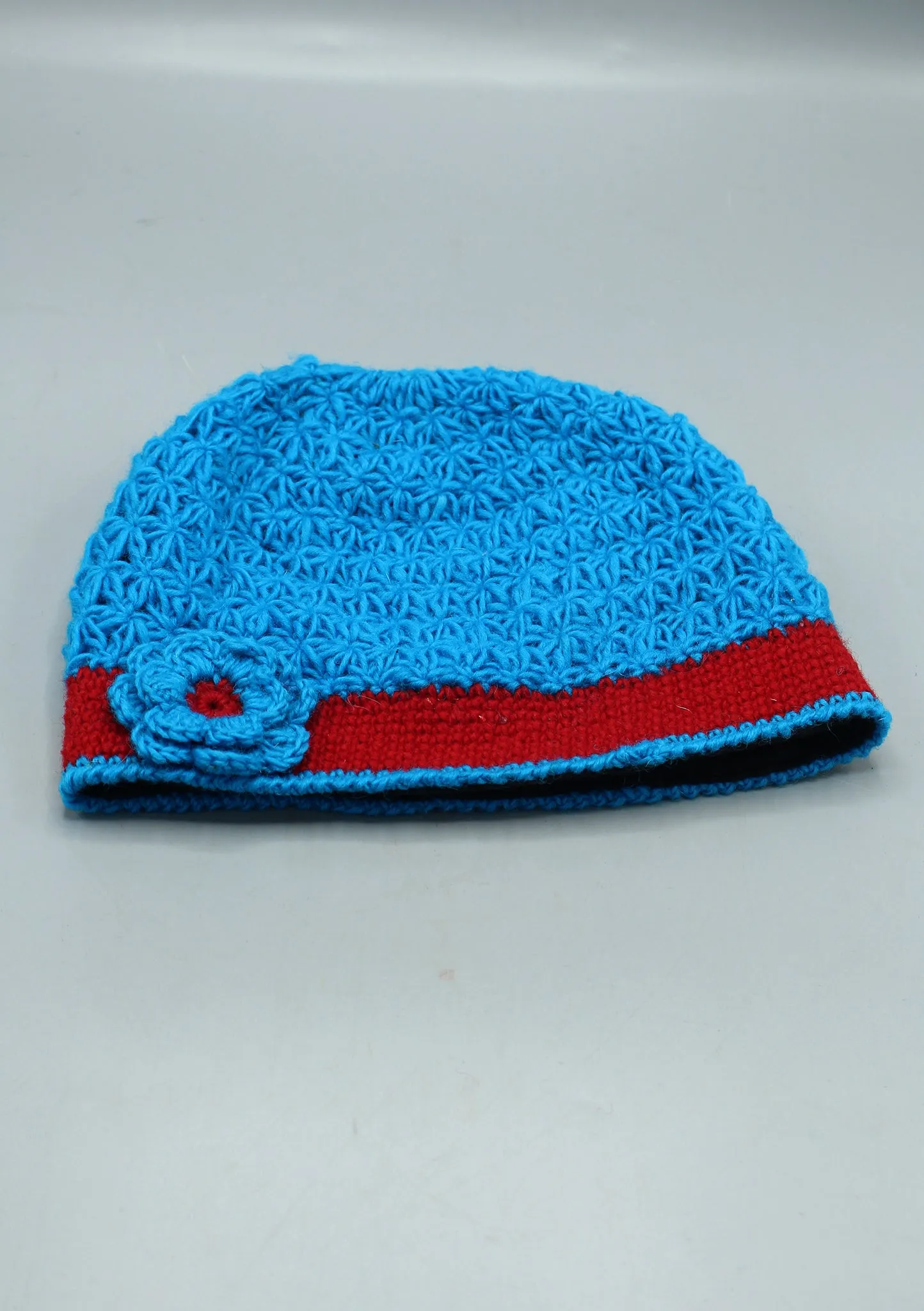 Red Border Flower Attached Blue Warm & Soft Crocheted Woolen Beanie