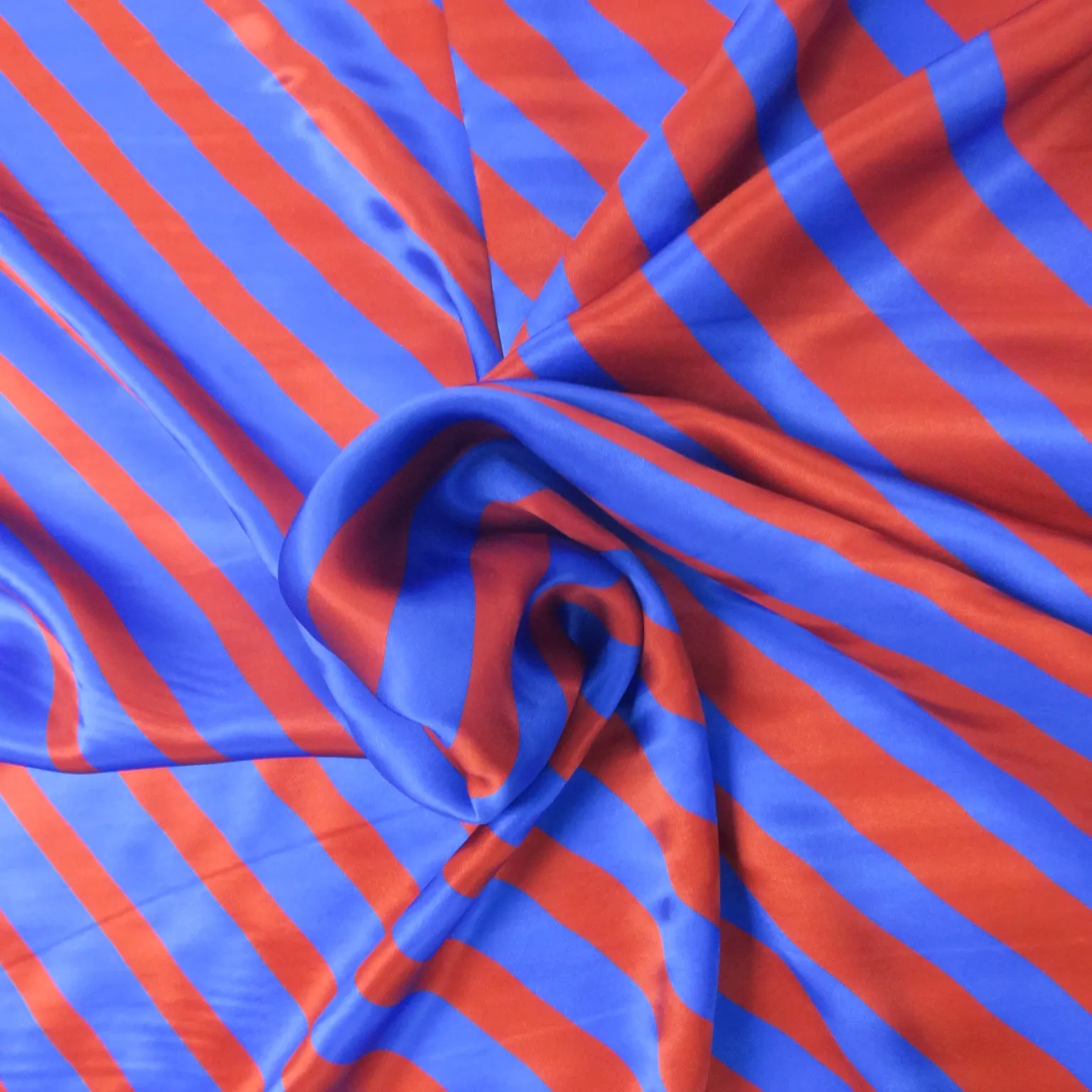 Red Diagonal Stripes on Blue Background Printed Silk Charmeuse Fabric