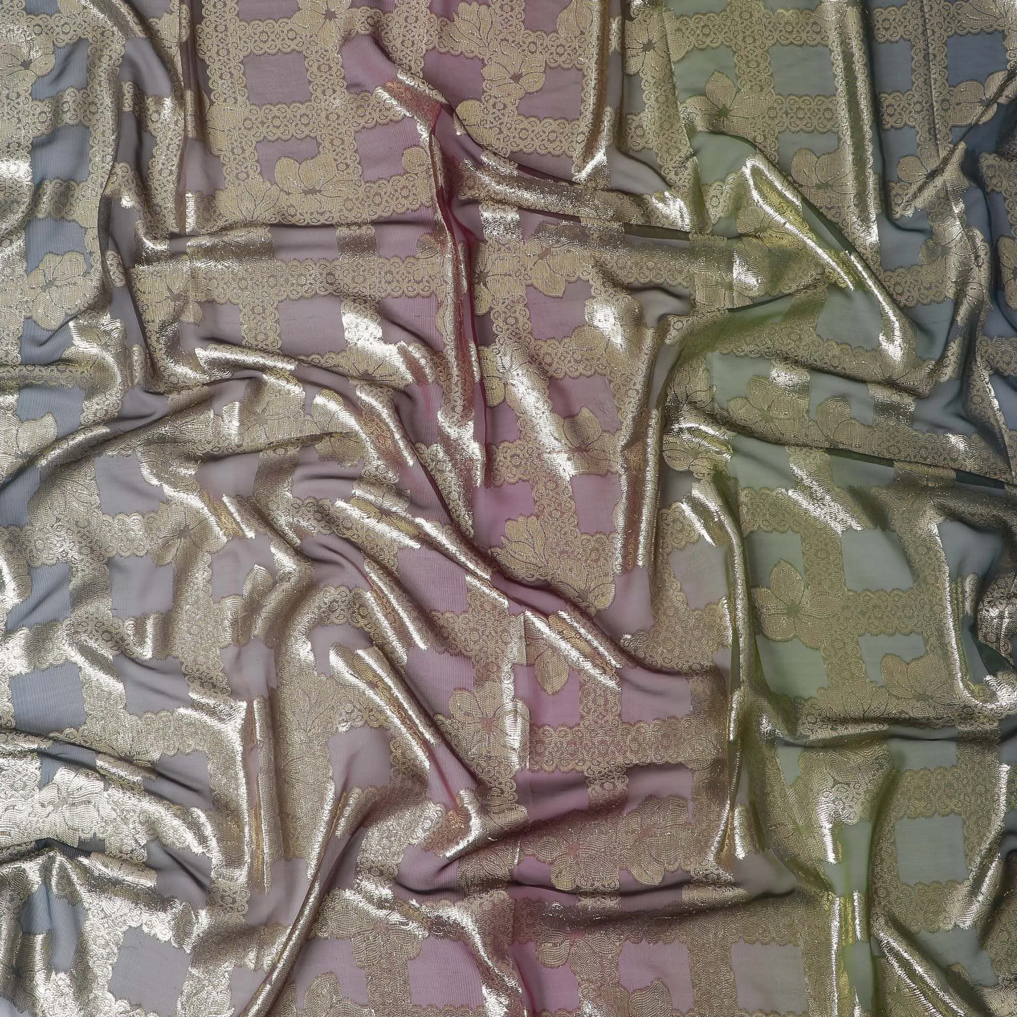 Renaissance Shimmer Pure Fransawi Silk Chiffon Fabric with Metallic Branches, 110cm Width - Traditional Garbasaar, Piece of 2.0 Mtrs-D18636