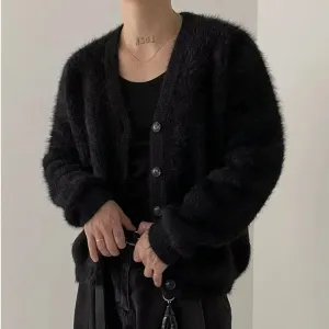 Riolio Men's Knitted Luxury Button Cardigan Sweatercoat Casual Long Sleeve V Neck Solid Color Vintage Korean Autumn Clothing