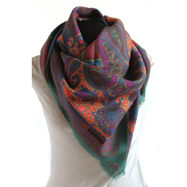 Rodier - 100% Wool Shawl Checker Paisley Green/Teal 2554-2