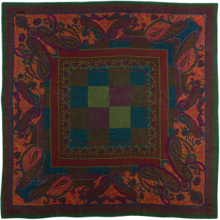Rodier - 100% Wool Shawl Checker Paisley Green/Teal 2554-2