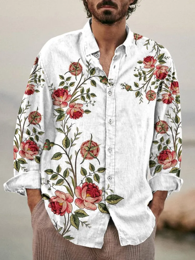 Stylish Flower Printed Cotton Linen Shirt