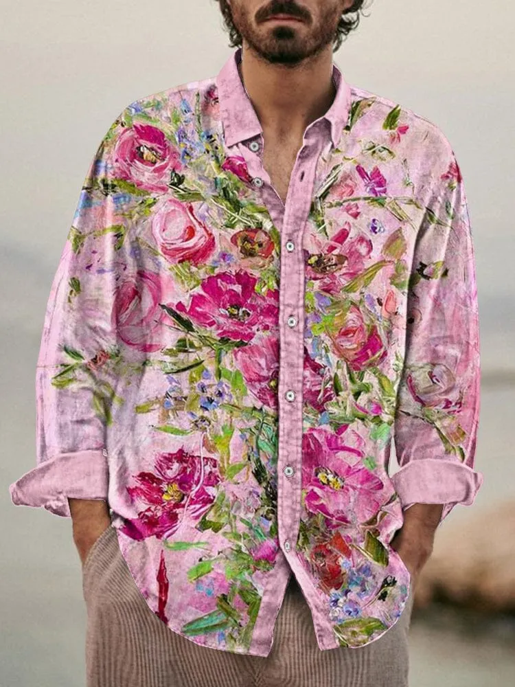 Stylish Flower Printed Cotton Linen Shirt