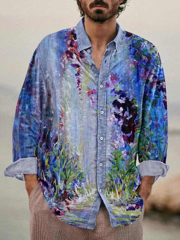 Stylish Flower Printed Cotton Linen Shirt