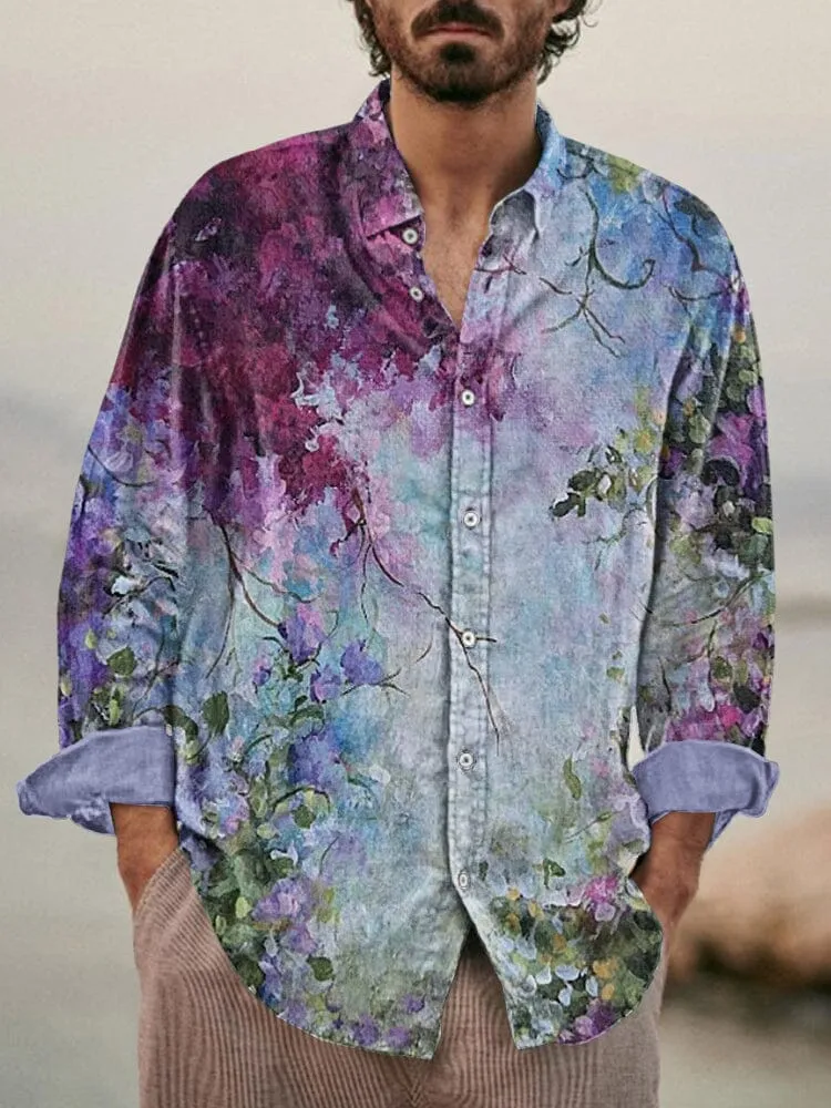 Stylish Flower Printed Cotton Linen Shirt