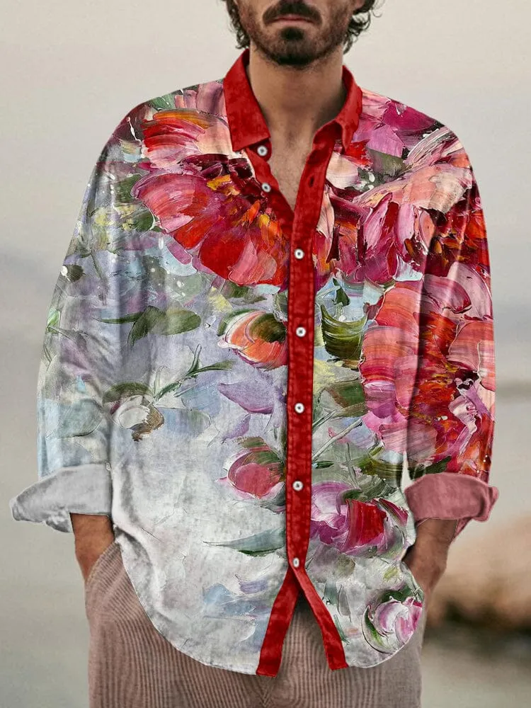 Stylish Flower Printed Cotton Linen Shirt