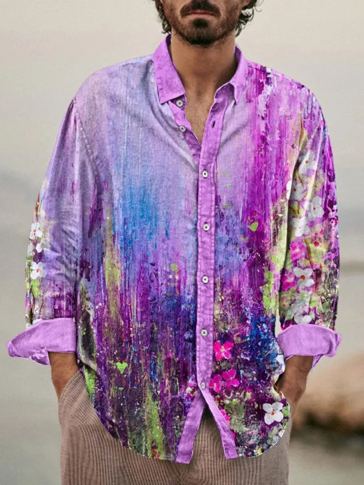 Stylish Flower Printed Cotton Linen Shirt
