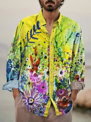 Stylish Flower Printed Cotton Linen Shirt