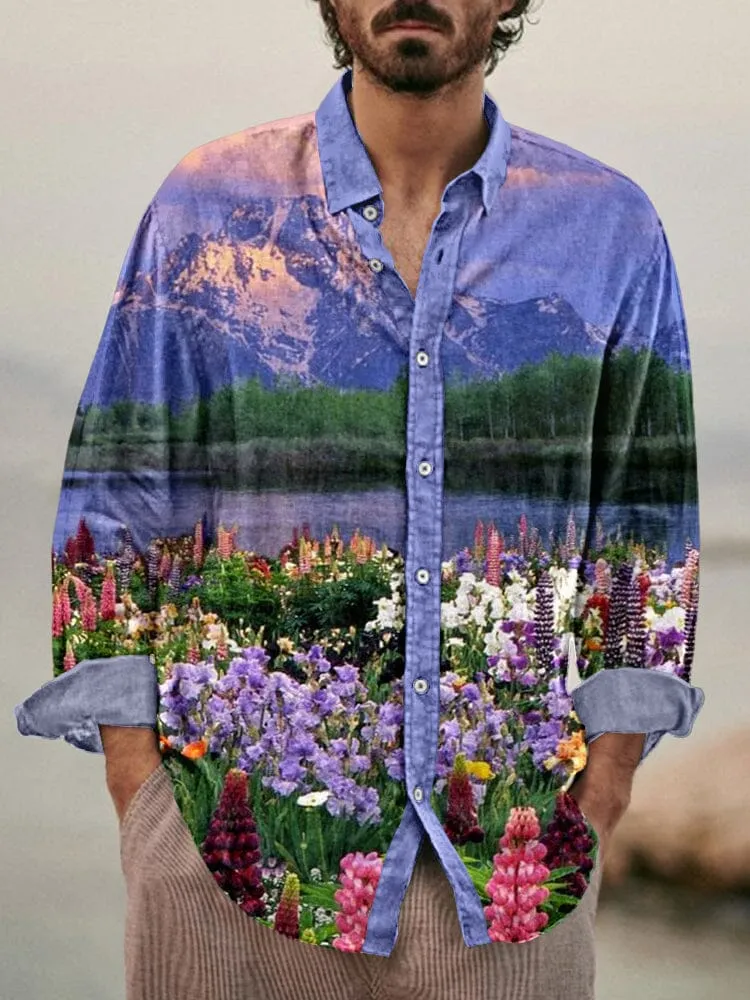 Stylish Flower Printed Cotton Linen Shirt