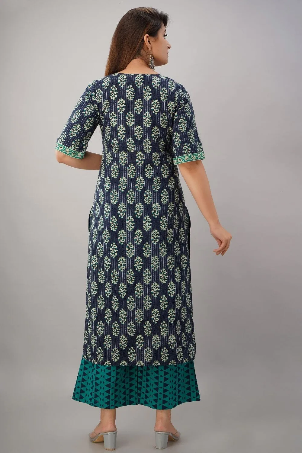 SVARCHI Women's Cotton Cambric Floral Printed Straight Kurta & Palazzo Set (Blue & Turquoise)