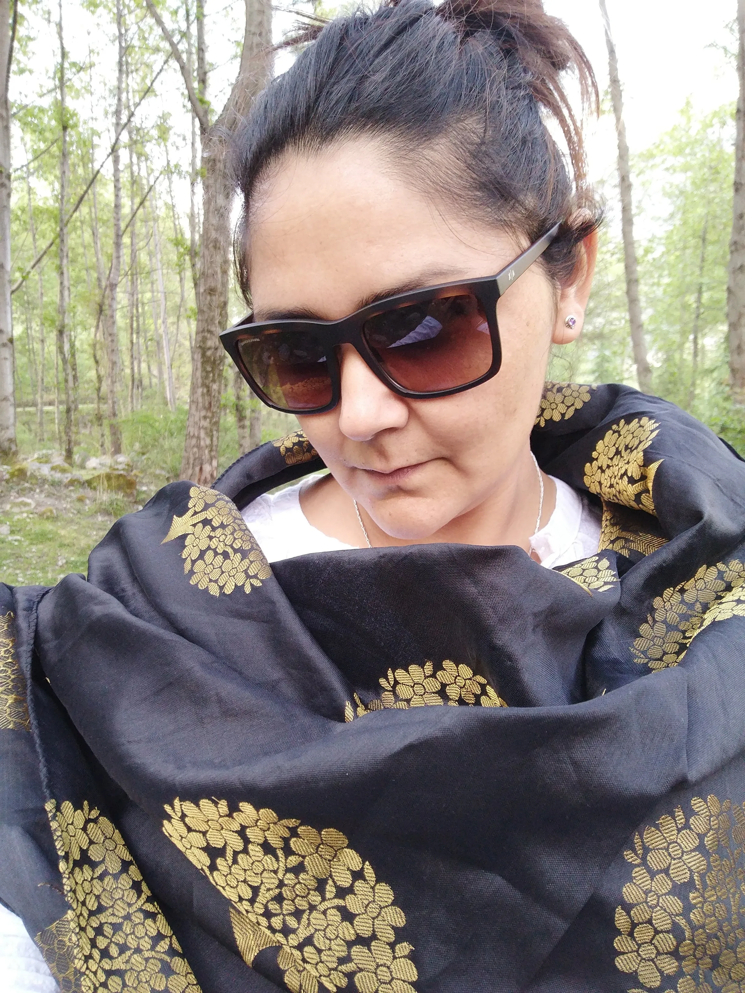 Tree of Life Scarf in Black and Gold Brocade Silk