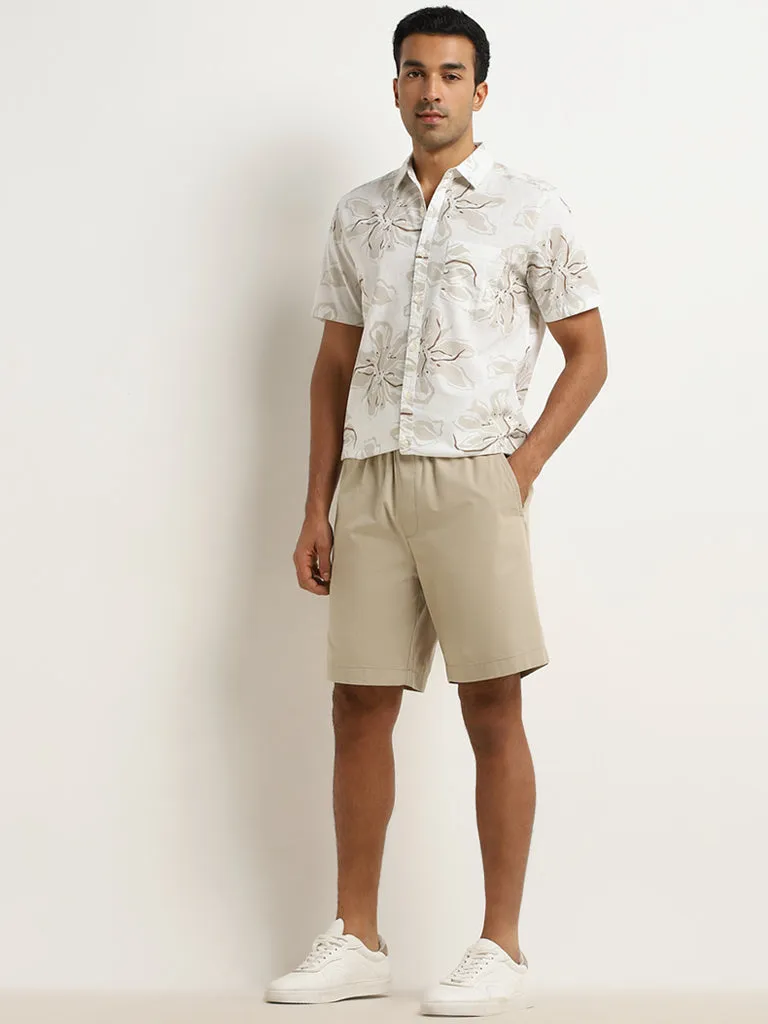 WES Casuals Beige Floral Print Slim-Fit Cotton Shirt
