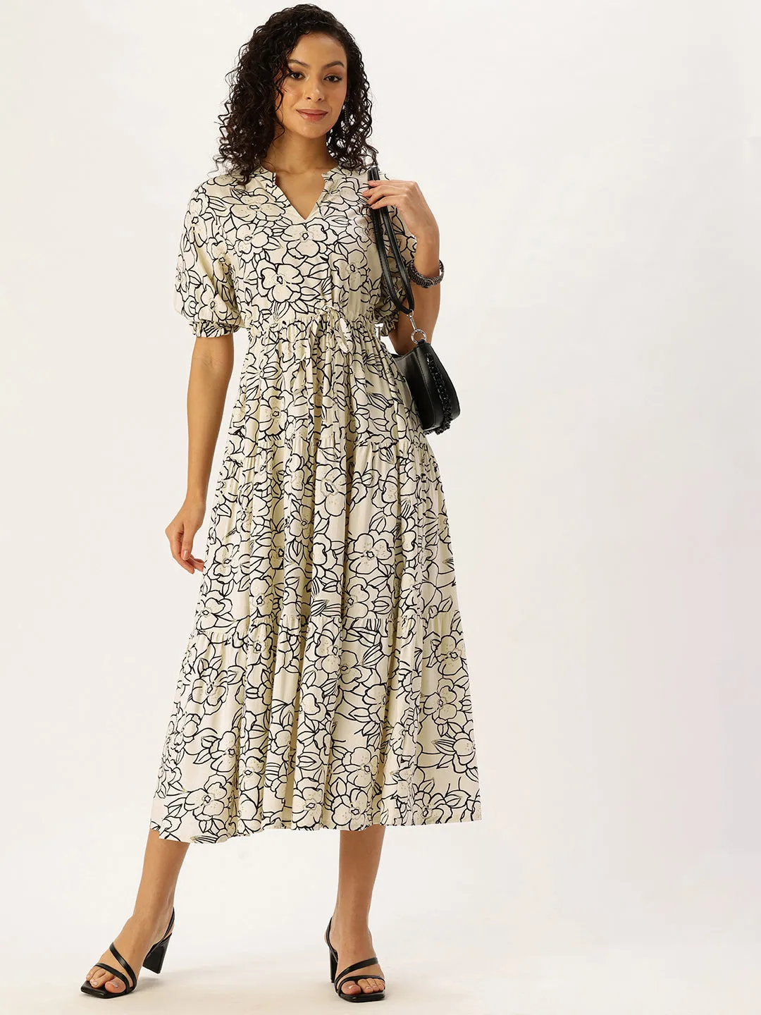 White Floral Printed Waist Tie-Up Fit & Flare Midi Dress