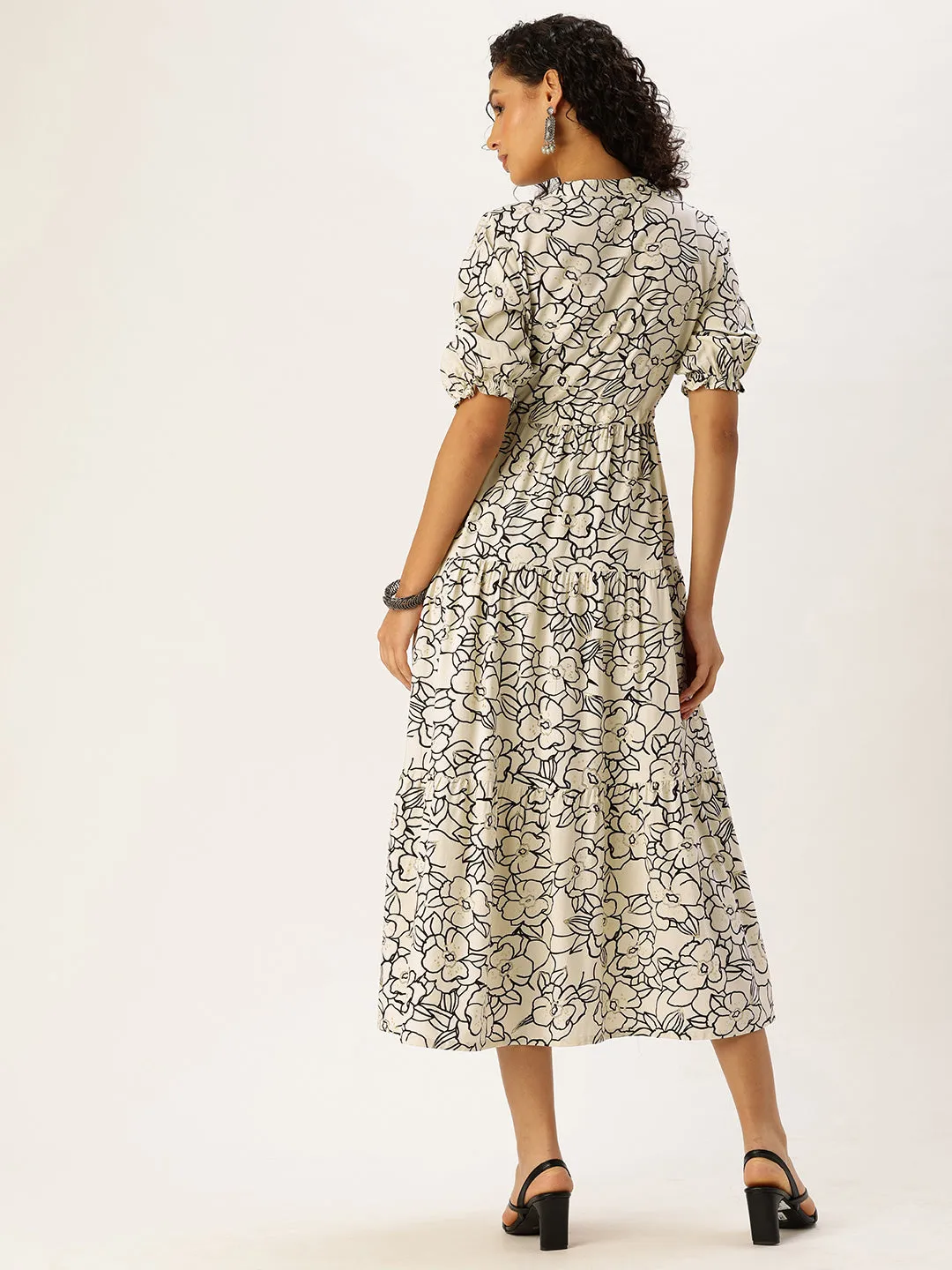 White Floral Printed Waist Tie-Up Fit & Flare Midi Dress