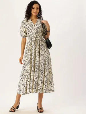 White Floral Printed Waist Tie-Up Fit & Flare Midi Dress