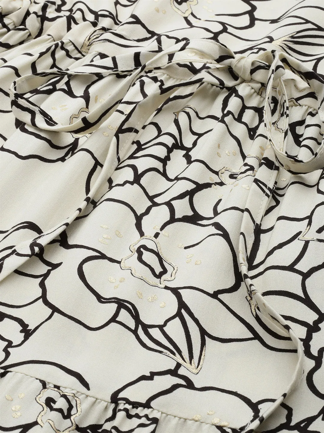 White Floral Printed Waist Tie-Up Fit & Flare Midi Dress