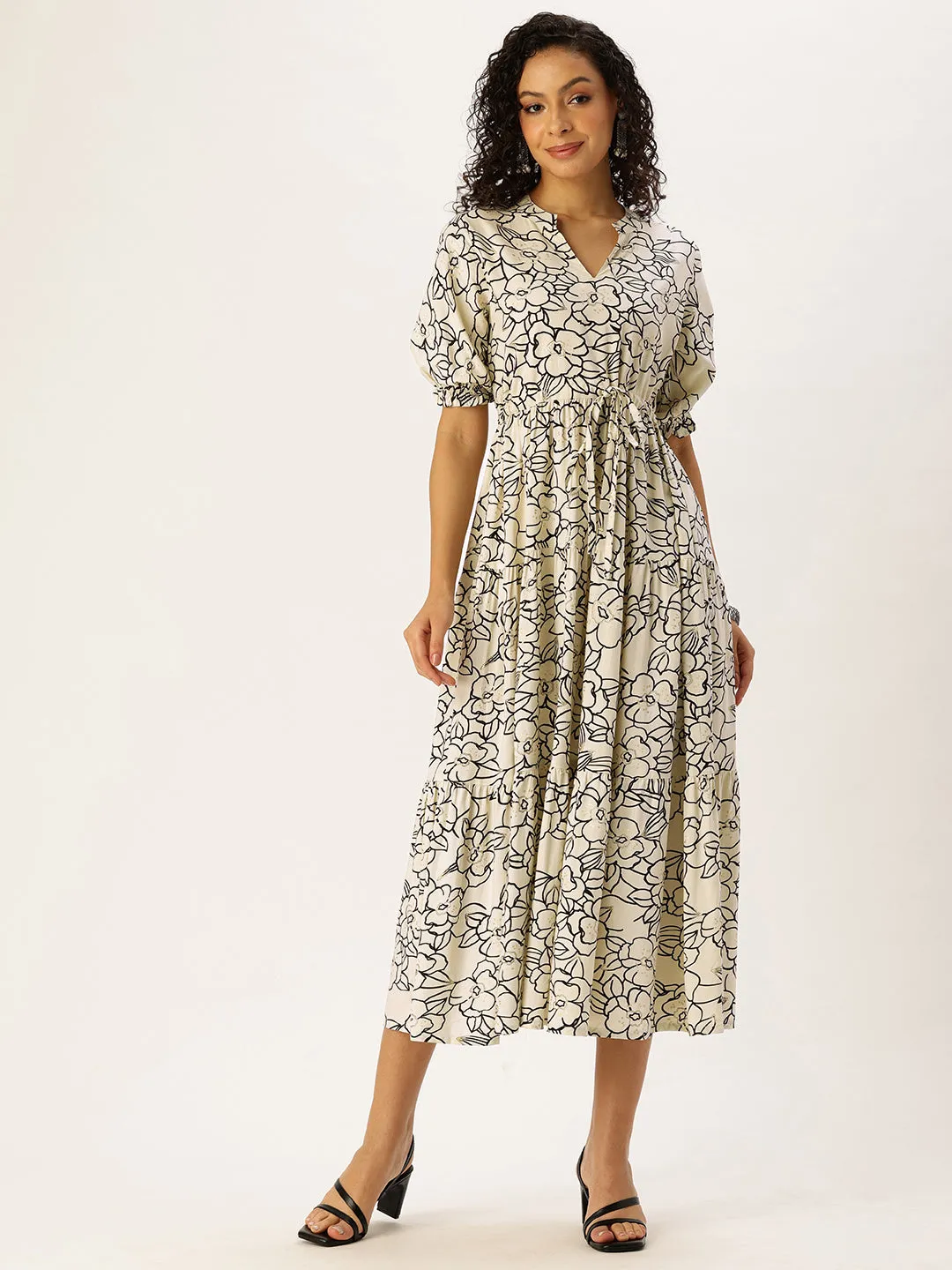 White Floral Printed Waist Tie-Up Fit & Flare Midi Dress
