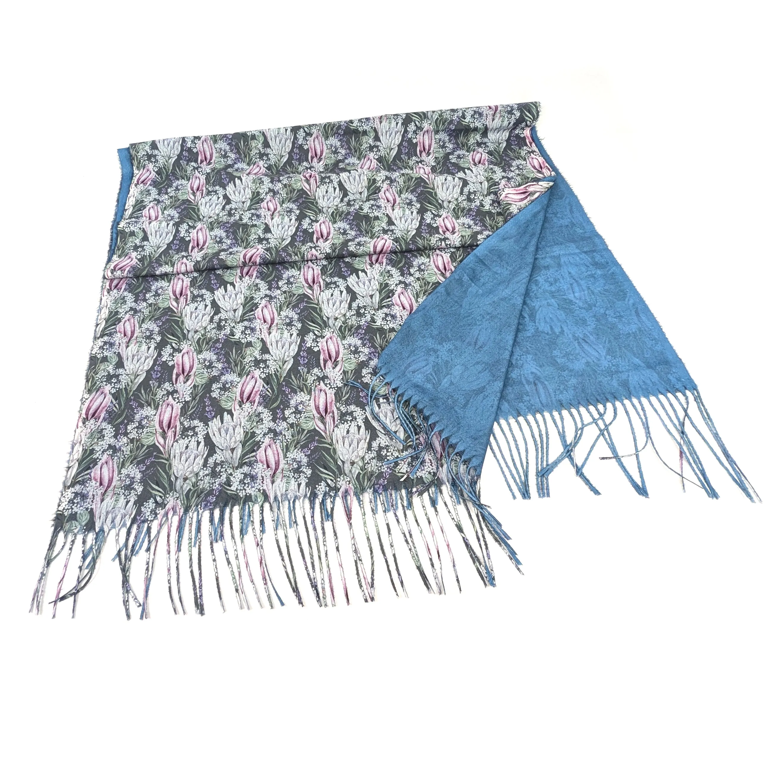 Winter Protea Pashmina Scarf (70x180cm) - Exclusive Design - Denim Blue