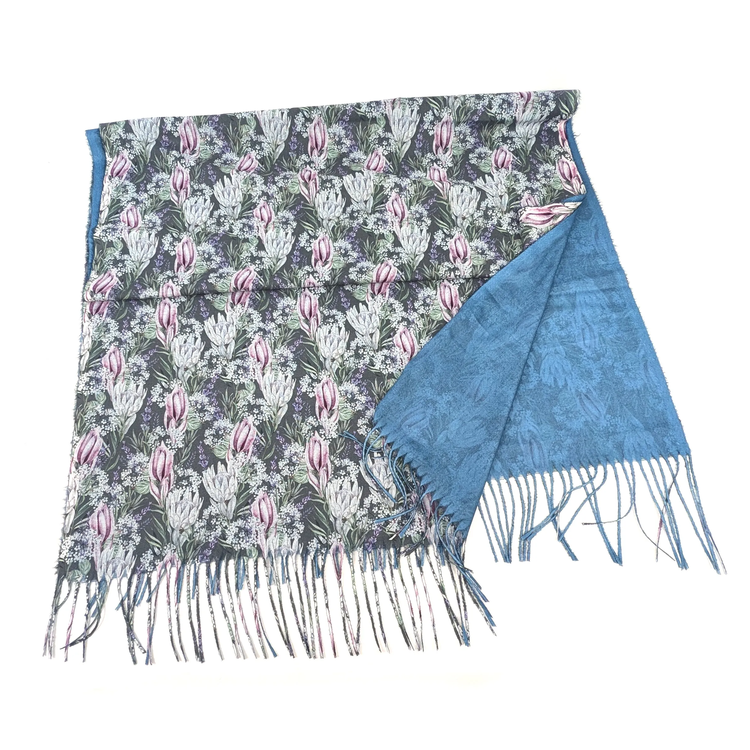 Winter Protea Pashmina Scarf (70x180cm) - Exclusive Design - Denim Blue