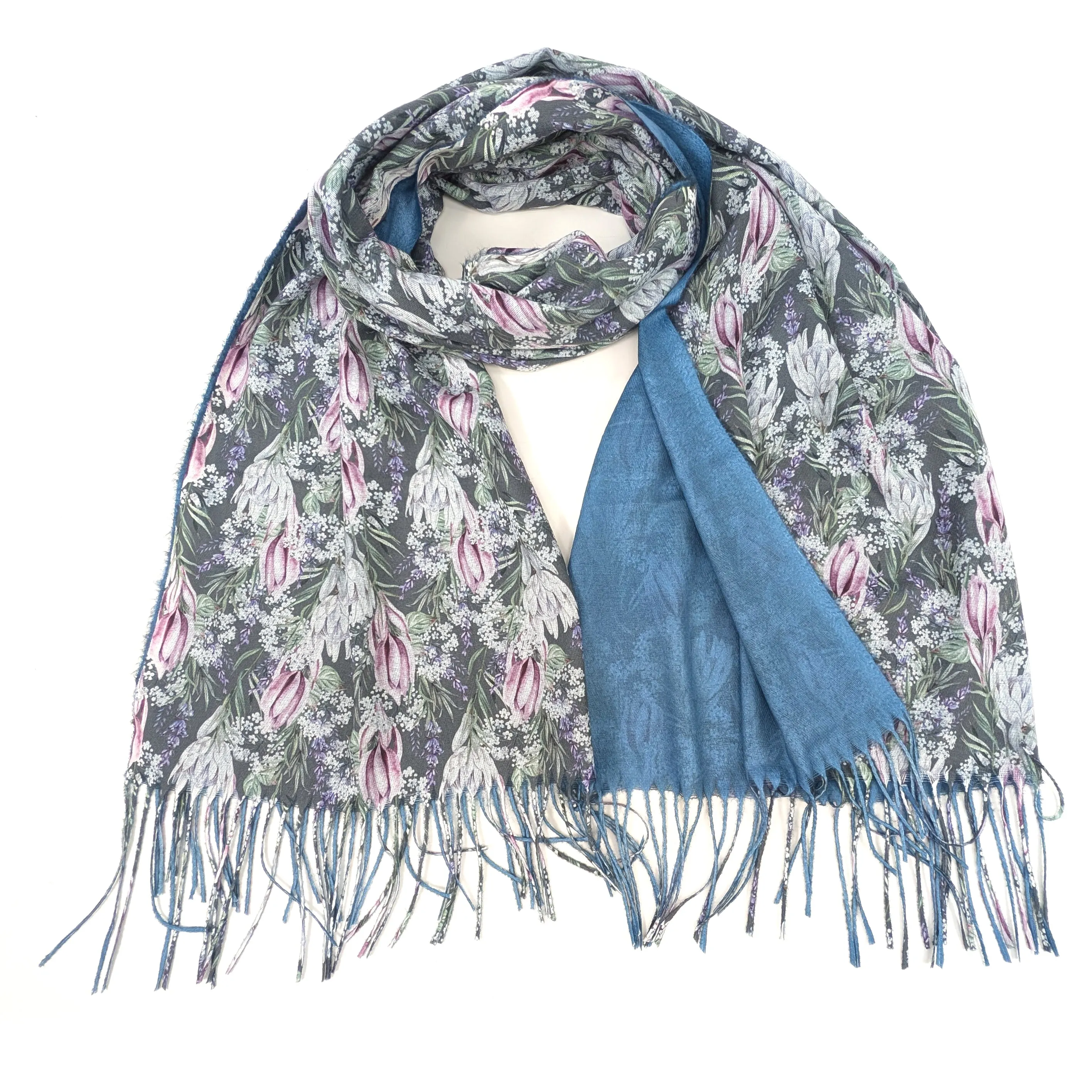 Winter Protea Pashmina Scarf (70x180cm) - Exclusive Design - Denim Blue