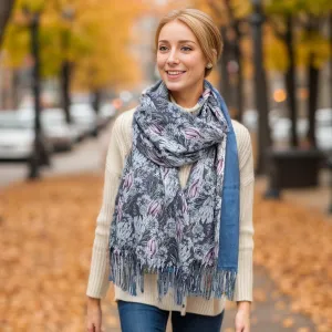 Winter Protea Pashmina Scarf (70x180cm) - Exclusive Design - Denim Blue