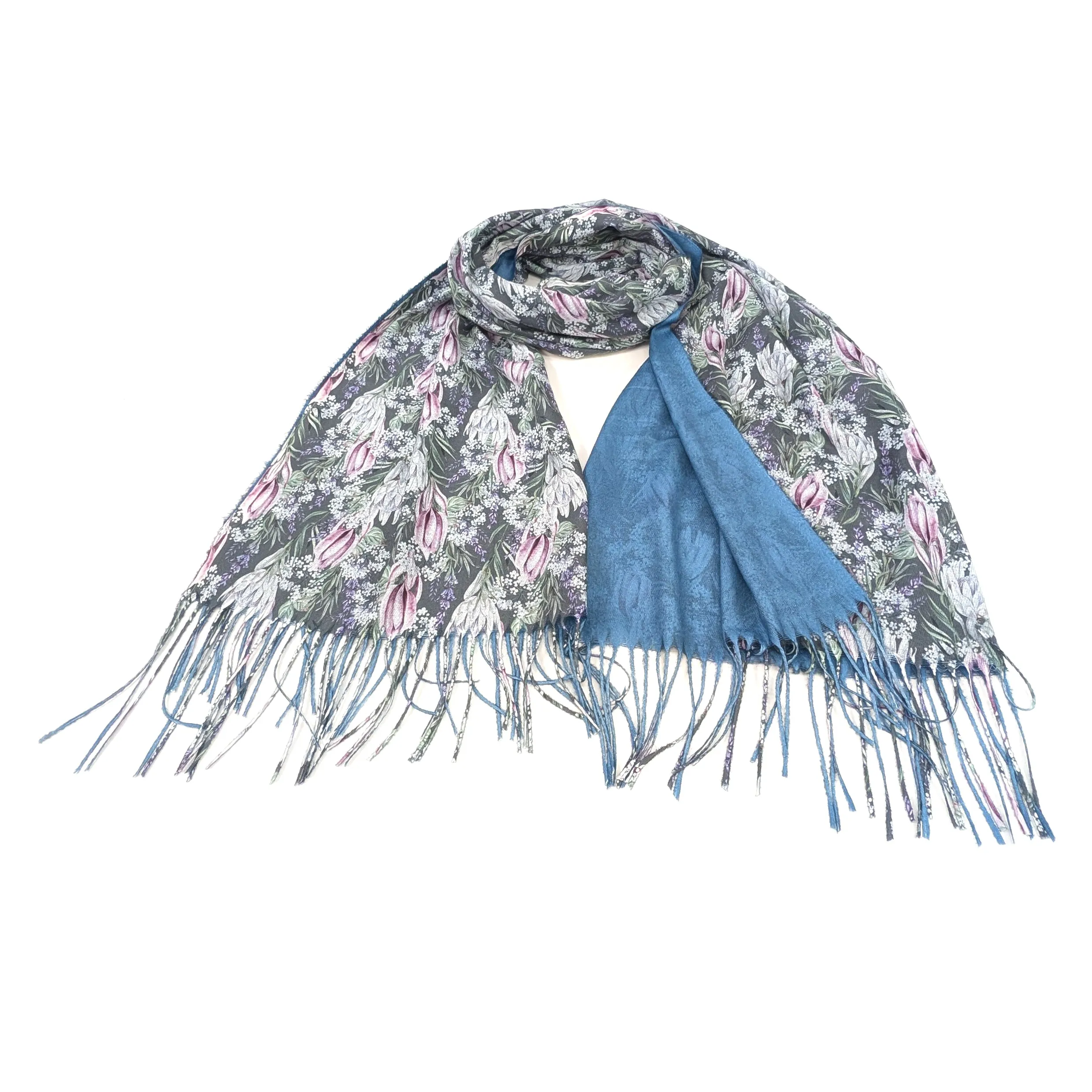Winter Protea Pashmina Scarf (70x180cm) - Exclusive Design - Denim Blue