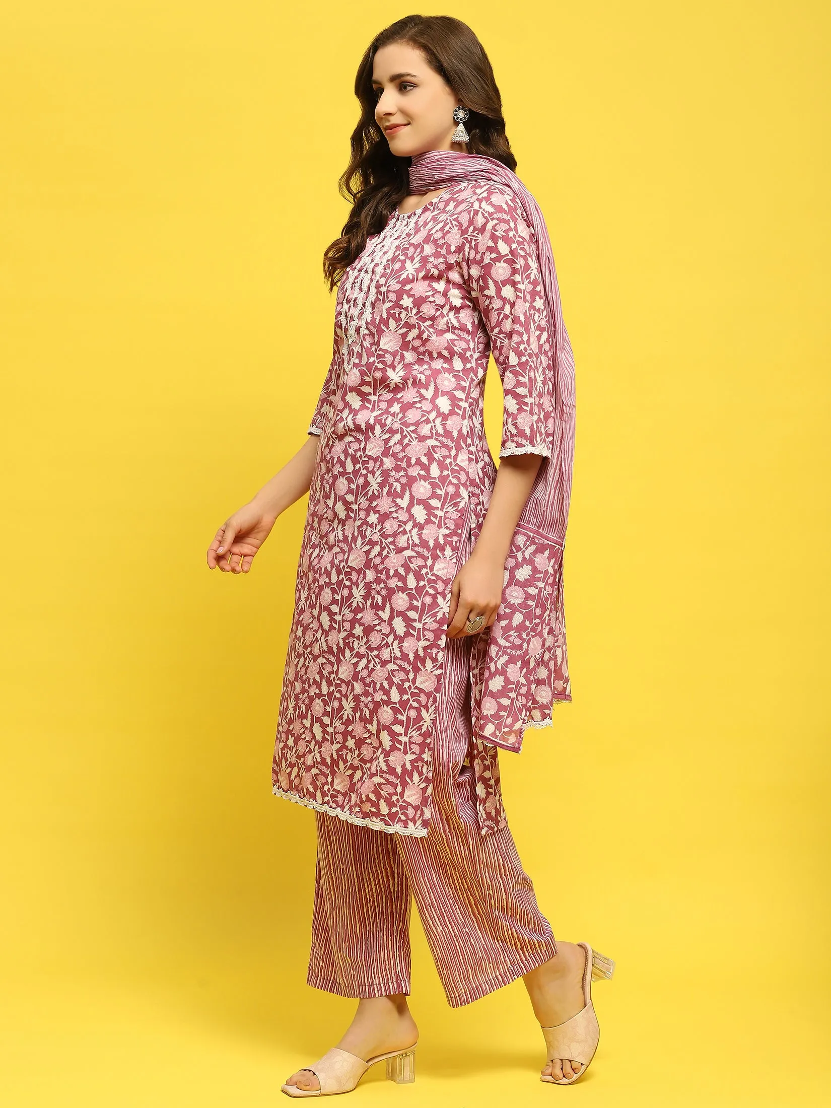Women Poly Cotton Pink Floral Print Kurta Comfort Pant Dupatta
