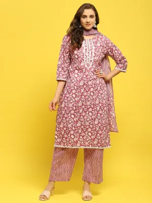 Women Poly Cotton Pink Floral Print Kurta Comfort Pant Dupatta