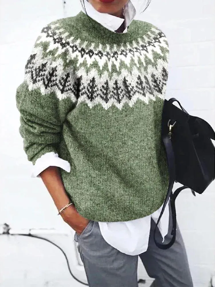 Women's Lightweight Green Patterned Long Sleeve Knitted Jumper | Ideal for Autumn/Winter