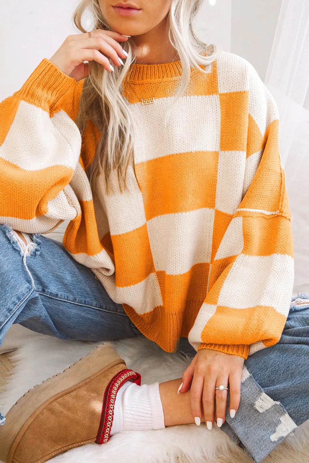 Womens Orange Checkered Bishop Sleeve Sweater