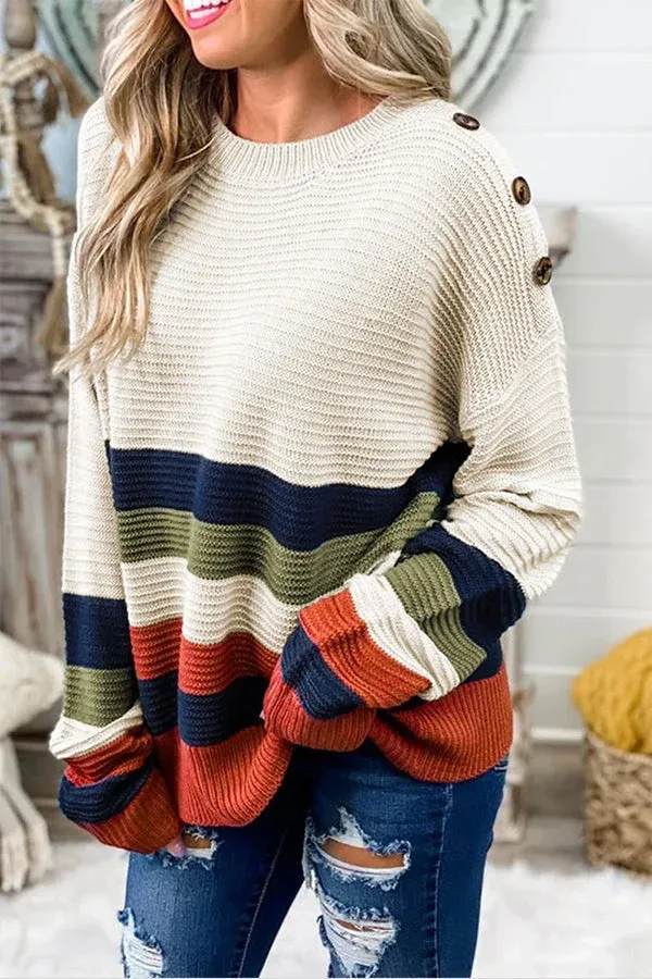 Women's Oversized Striped Knitted Jumper with Wide Neck | Ideal for Autumn/Winter