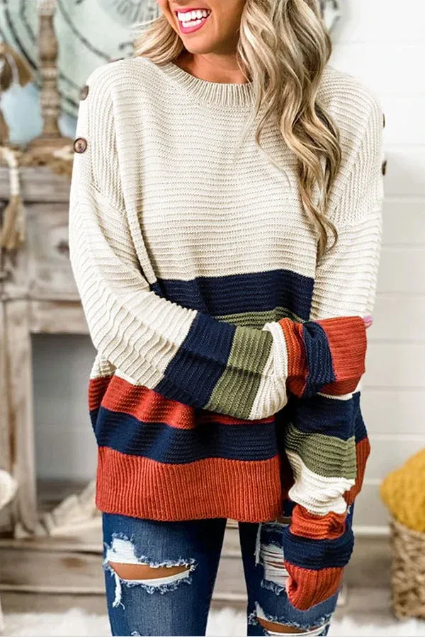Women's Oversized Striped Knitted Jumper with Wide Neck | Ideal for Autumn/Winter