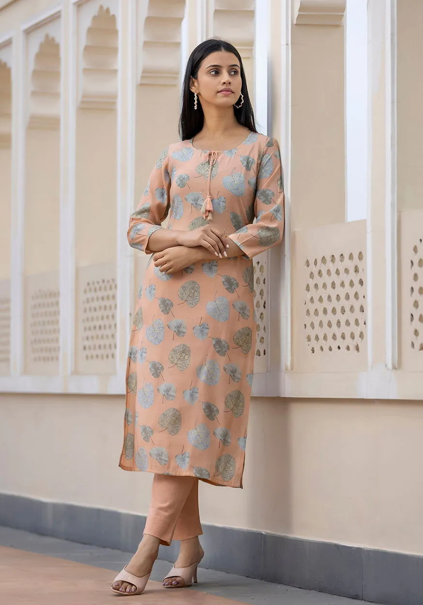 Women's Peach Modal Silk Printed Kurta Pant Set With Dupatta (pack of 3)